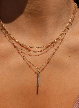 necklaces women时尚多层叠戴项链项链女满钻小坚条吊坠锁骨链