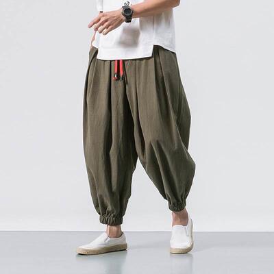 Men Harem Pants Japanese Casual Cotton Linen Baggy Trouser