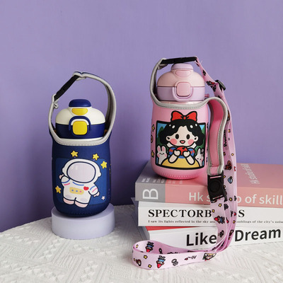 迪士尼儿童保温杯套保护套吸管斜挎水杯套幼儿园水壶套420 480ml