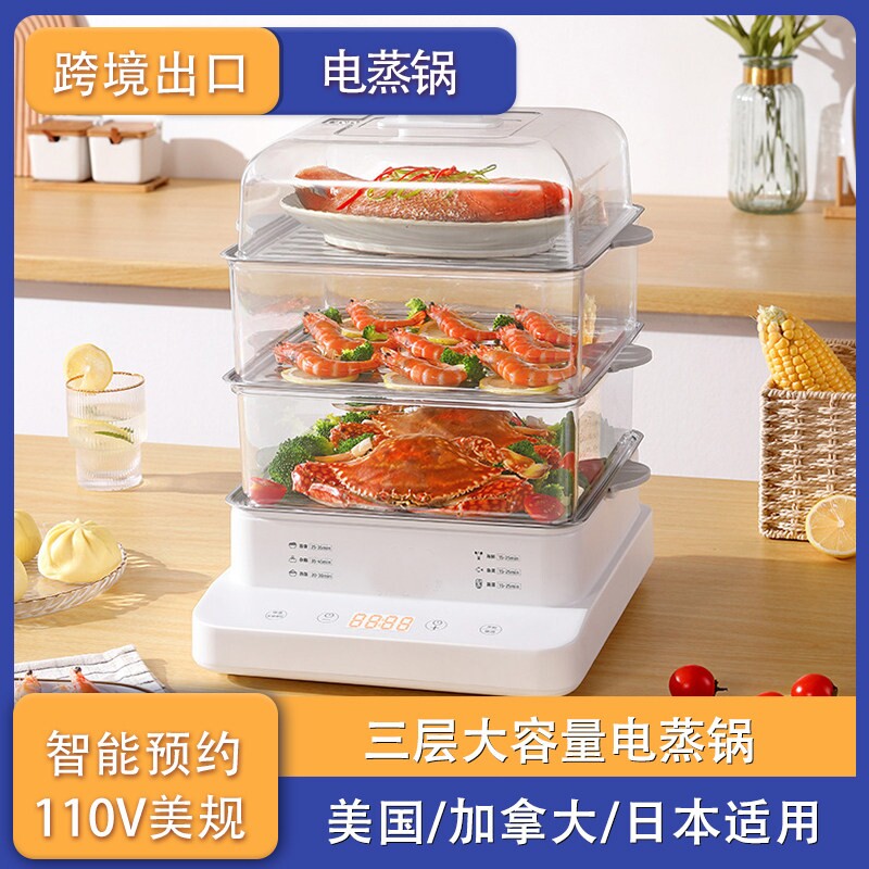 110V美规三层大容量电蒸锅家用多蒸煮炖锅功能蒸汽锅电蒸箱早餐机