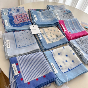 蓝色波点棉麻发带丝巾小方巾薄款装饰系领巾头巾女高级感洋气时尚