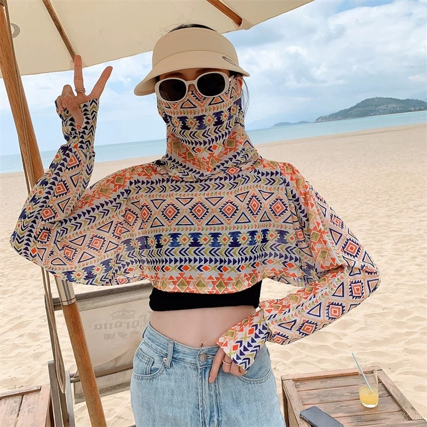 防晒披肩女夏季斑马开车披风长袖骑车面罩遮脸斗篷一体短款防晒衣