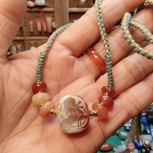 古埃及奶皮印章金皮玛瑙配珠手编绳，直播间欣赏