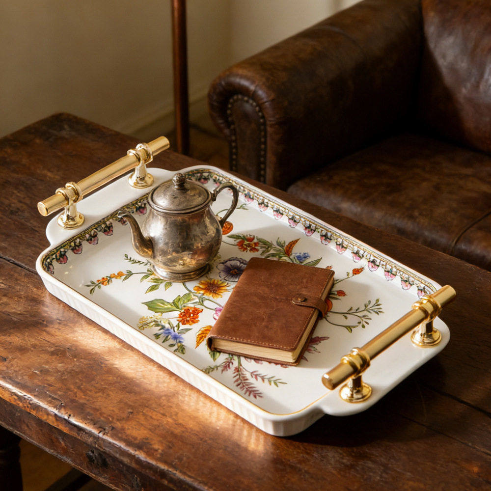 陶瓷托盘水果盘级感欧式美式茶具托盘复古把手长方形收纳盘,餐饮具,茶盘,淘宝优惠券,粉丝福利购,淘宝优惠卷