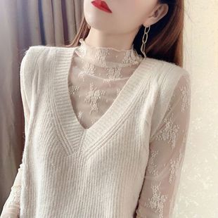 时尚洋气蕾丝雪纺衫衬衫女长袖上衣秋冬新款外穿内搭叠穿透视小衫