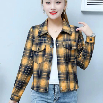 磨毛格子衬衫女春秋新款短款上衣