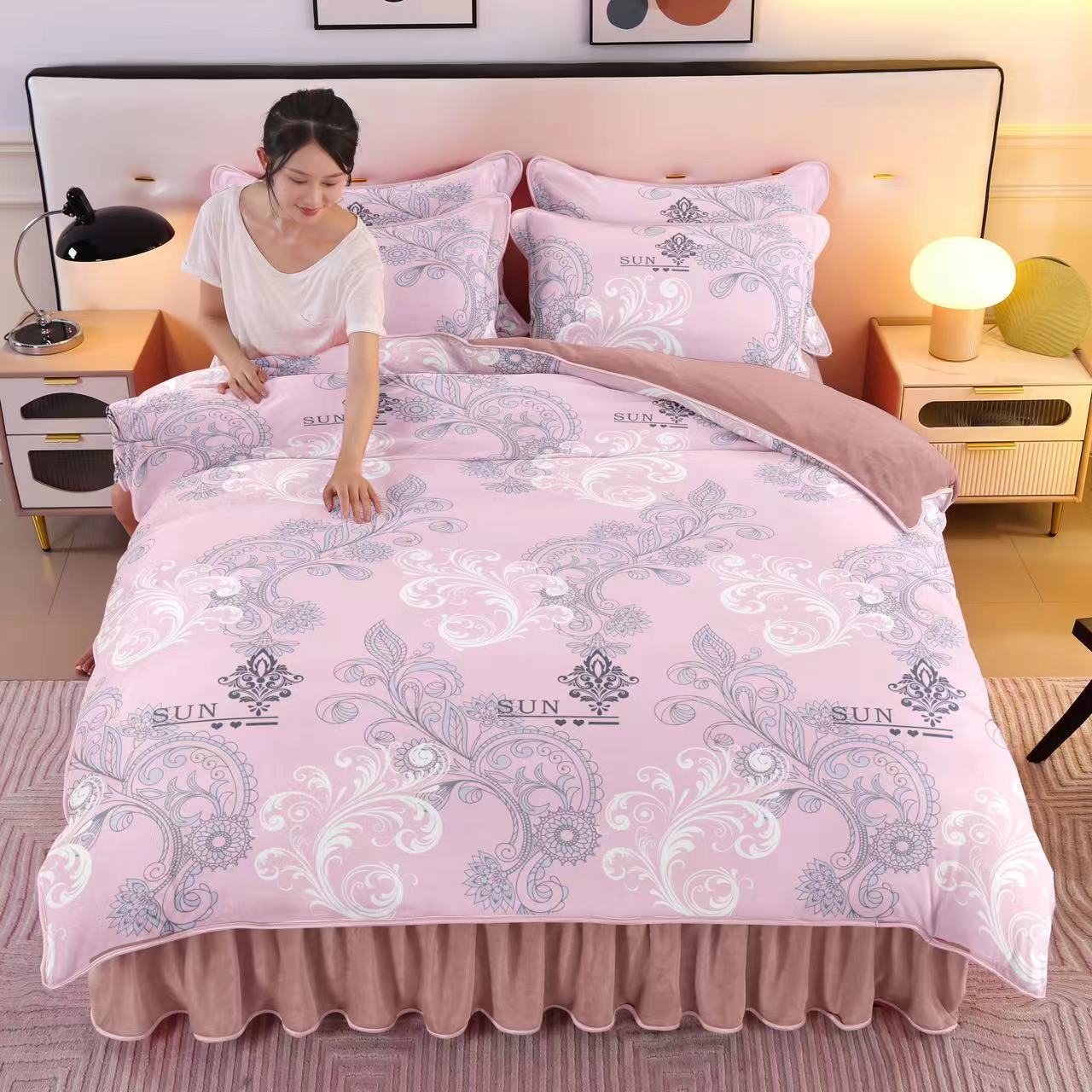 恒源祥牛奶绒四件套床裙款加厚珊瑚绒床单法兰绒被套源头厂家南通