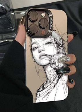 ins风素描女孩适用OPPOReno151413手机壳K13TurboK12Plus彩银磨砂FindX9Pro/X8S+学生A3A5活力版A58xA96A97