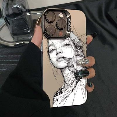 ins风素描女孩适用vivoS30S50Prominis20s19s18s17手机壳彩银磨砂X300X200学生Y500Proy300Ty200y100iy78y36m