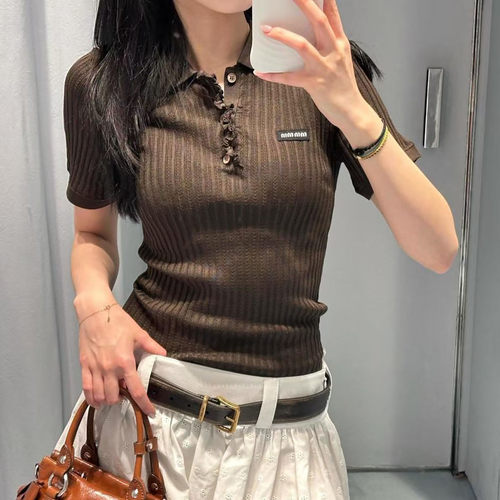 桑蚕丝修身显瘦字母徽标刺绣短袖