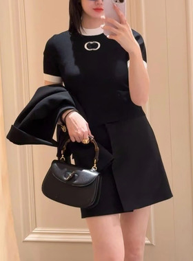 zui篙~修身简约 撞色拼边圆领字母刺绣针织短袖上衣  26年春夏新