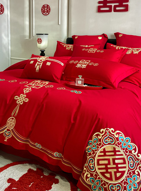 中式婚庆全棉红色床单四件套结婚床上六件套婚房床品套件送礼喜庆
