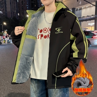 运动感加绒加厚棉服外套男生秋冬季青少年防风保暖帅气冲锋棉衣服