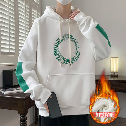 青少年秋冬季加绒加厚卫衣男潮牌高中生初中学生打底帅气男装衣服
