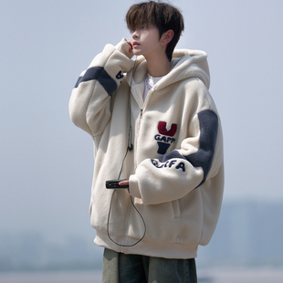 羊羔绒外套男款秋冬季港风加厚大码潮牌青少年连帽冬装防寒棉衣服