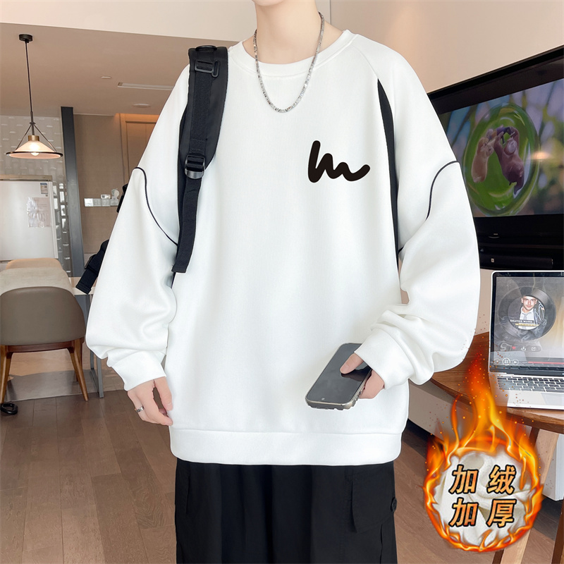 秋冬季港风圆领加绒卫衣男孩青少年新款长袖t恤初高中生大童男装