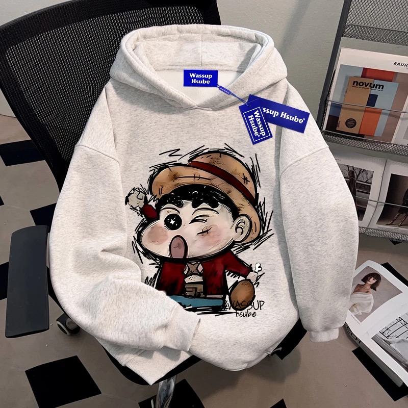 美式学院风草帽小新卡通印花连帽卫衣男女秋冬款加绒加厚潮牌上衣