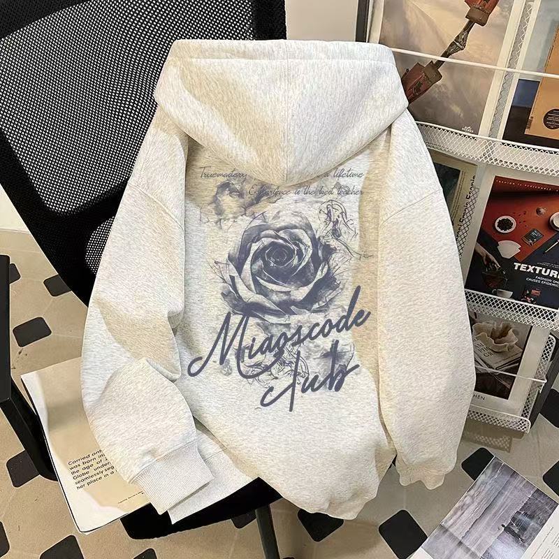 潮牌幻彩玫瑰花印花连帽卫衣男女