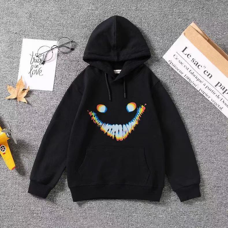 美式潮牌学院风笑脸印花连帽卫衣秋冬款宽松加绒加厚休闲上衣外套