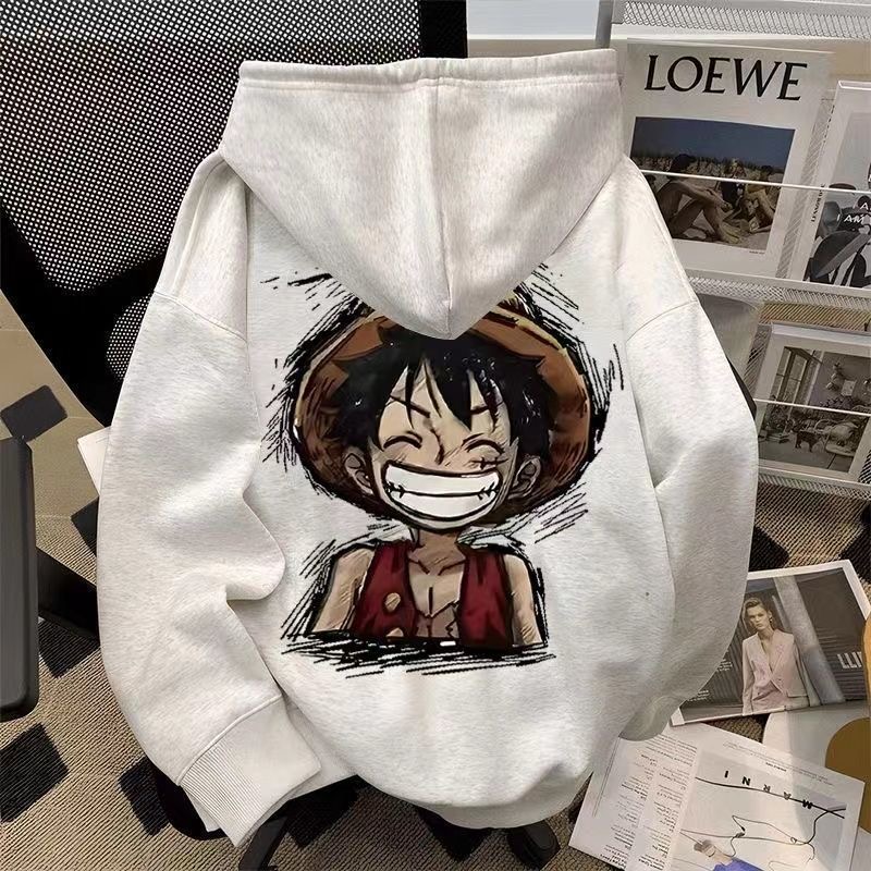 日系潮牌学院风动漫路飞印花连帽卫衣男女秋冬款宽松加绒加厚外套