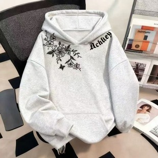 美式 潮牌玫瑰印花连帽卫衣学生男女春秋冬宽松加绒百搭情侣上衣潮