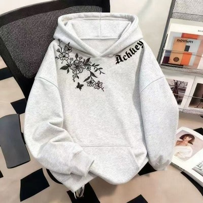 潮牌玫瑰印花连帽卫衣学生男女春