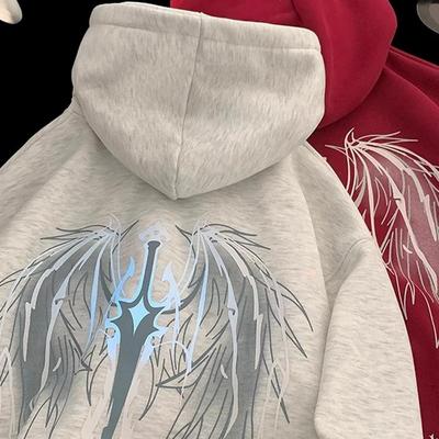 蓝光魔剑恶魔翅膀夜光卫衣男秋冬420g重磅美式复古连帽情侣装外套