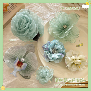 头花薄荷绿抓夹发饰2024新款簪花发夹侧边刘海夹发卡绿色花头饰女