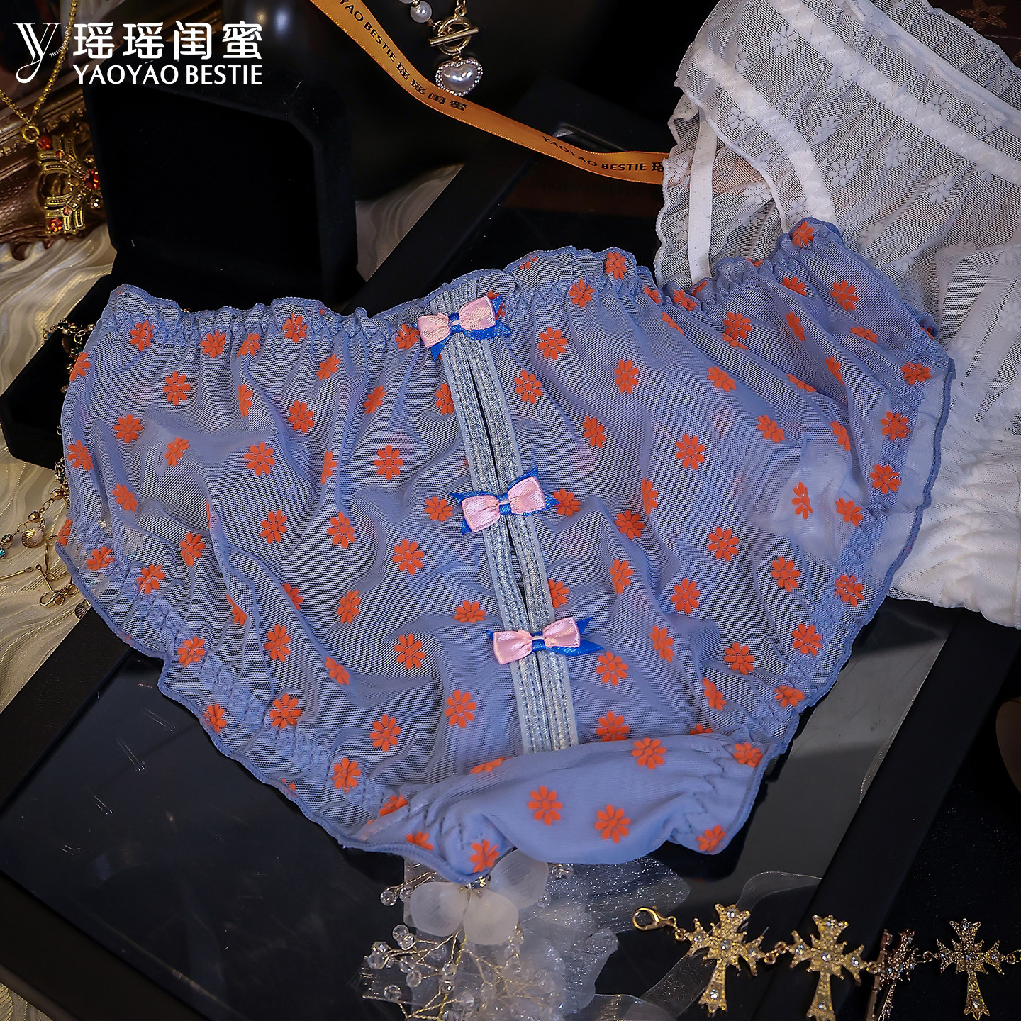 瑶瑶闺蜜蕾丝网纱内裤女性感低腰时尚少女印花蝴蝶结薄款三角裤头
