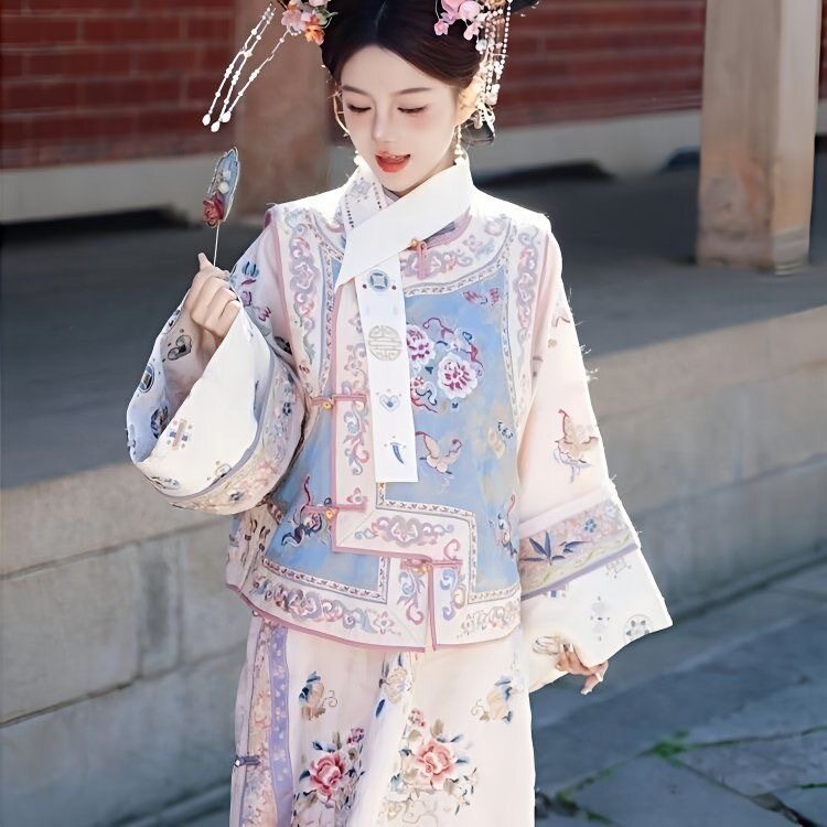汉服女清代印花宫廷格格服两件套