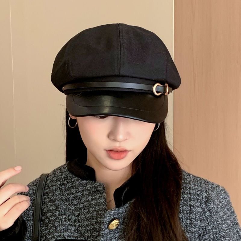 日系皮质帽檐带扣八角帽秋冬英伦风气质画家帽复古贝雷鸭舌帽百搭