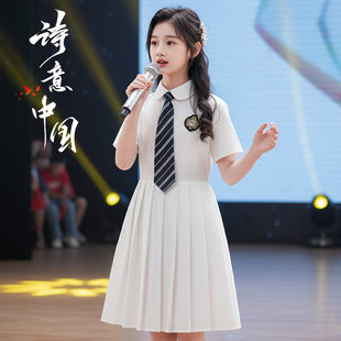儿童初中小学生白色合唱团爱国演讲朗诵比赛女童演出服主持人礼服