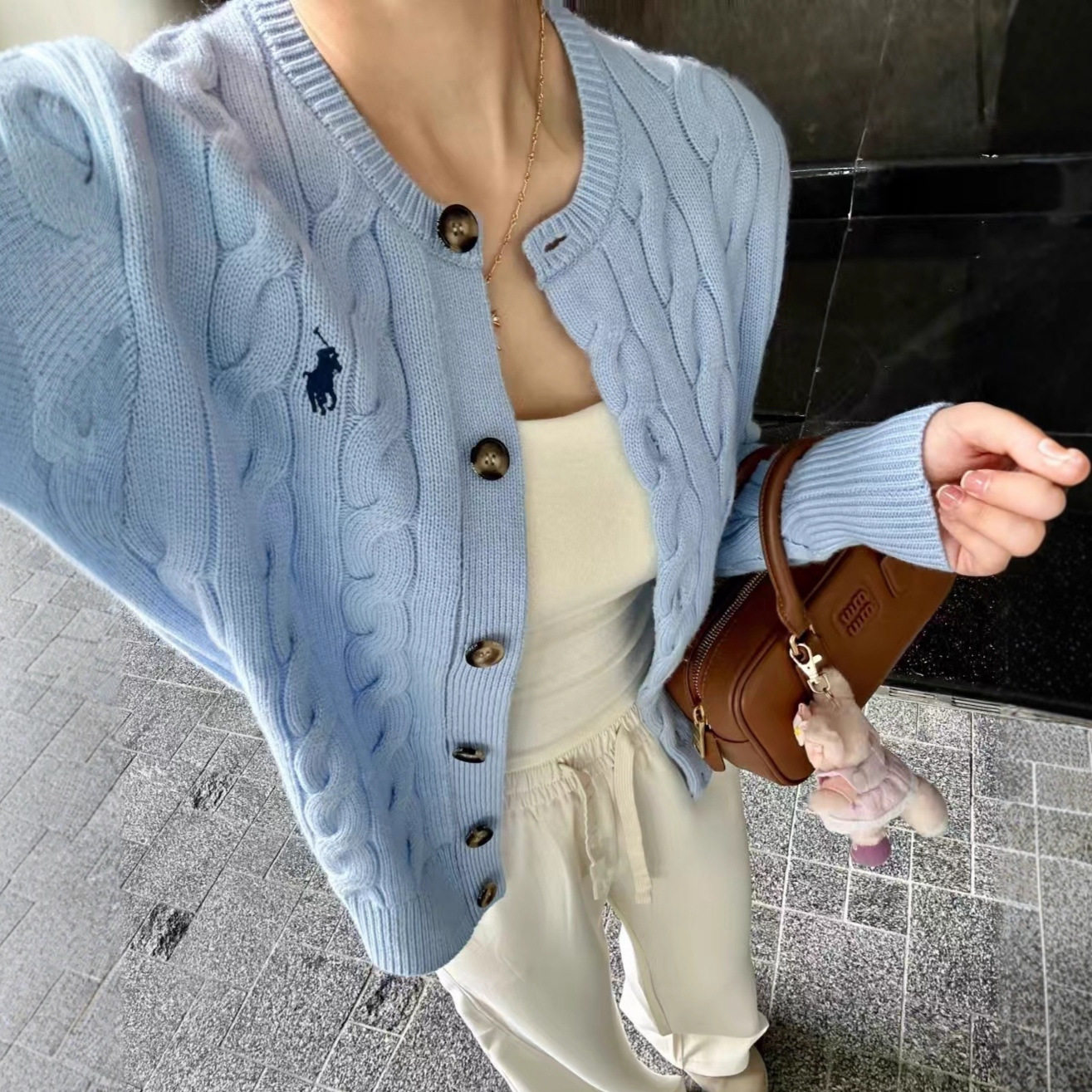 可扫码RL拉夫小马标刺绣针织开衫女秋冬圆领绞花针织毛衣外套上衣