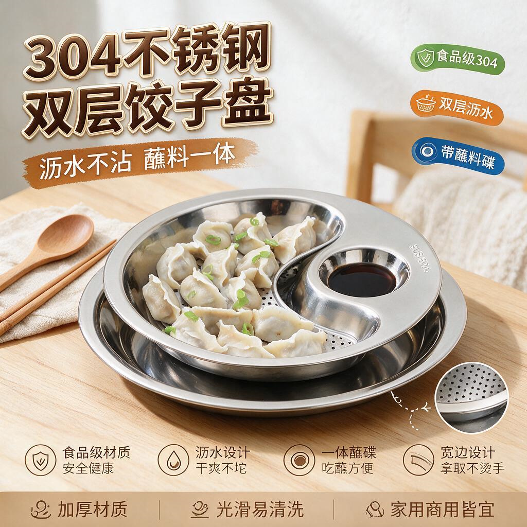 不锈钢带醋碟饺子盘沥水双层 韩式水饺盘水饺盘子烤盘水果盘