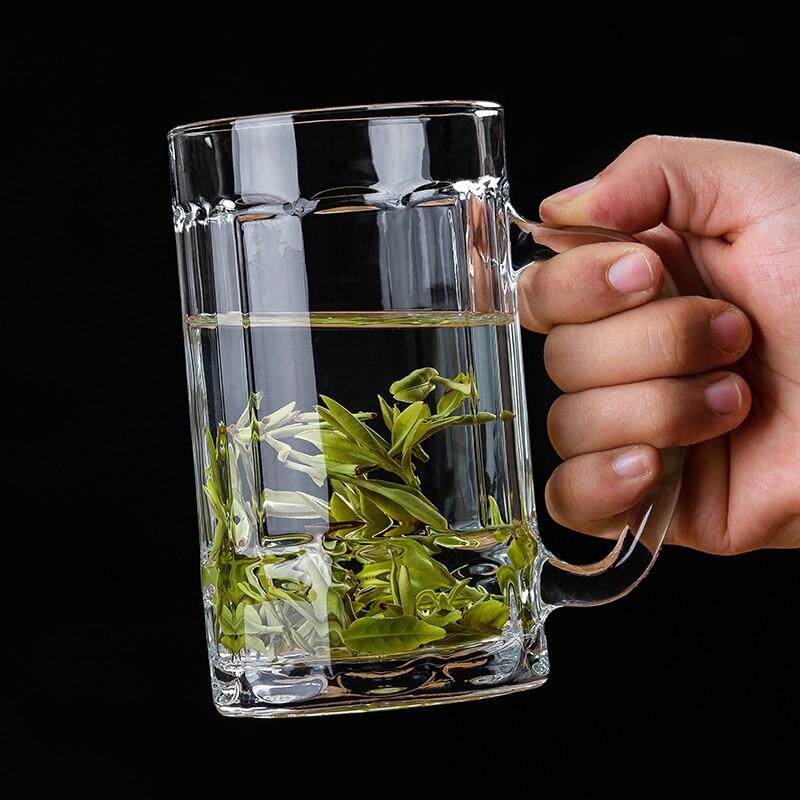 家用啤酒杯子带把手盖玻璃杯透明大号扎啤杯615ML喝水泡茶杯加厚