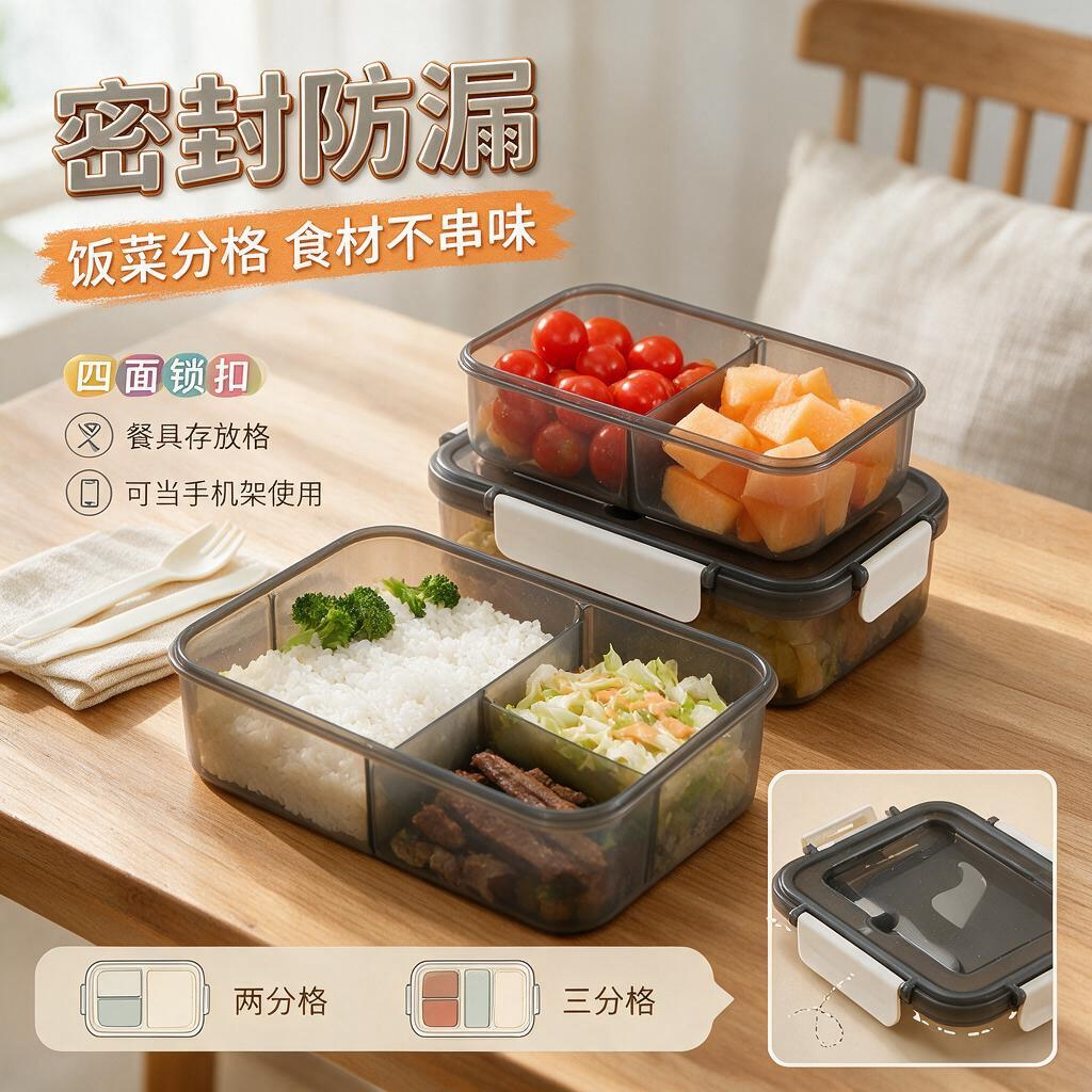 三格饭盒可微波炉加热食品级便携式学生上班族带盖餐盒分隔便当盒