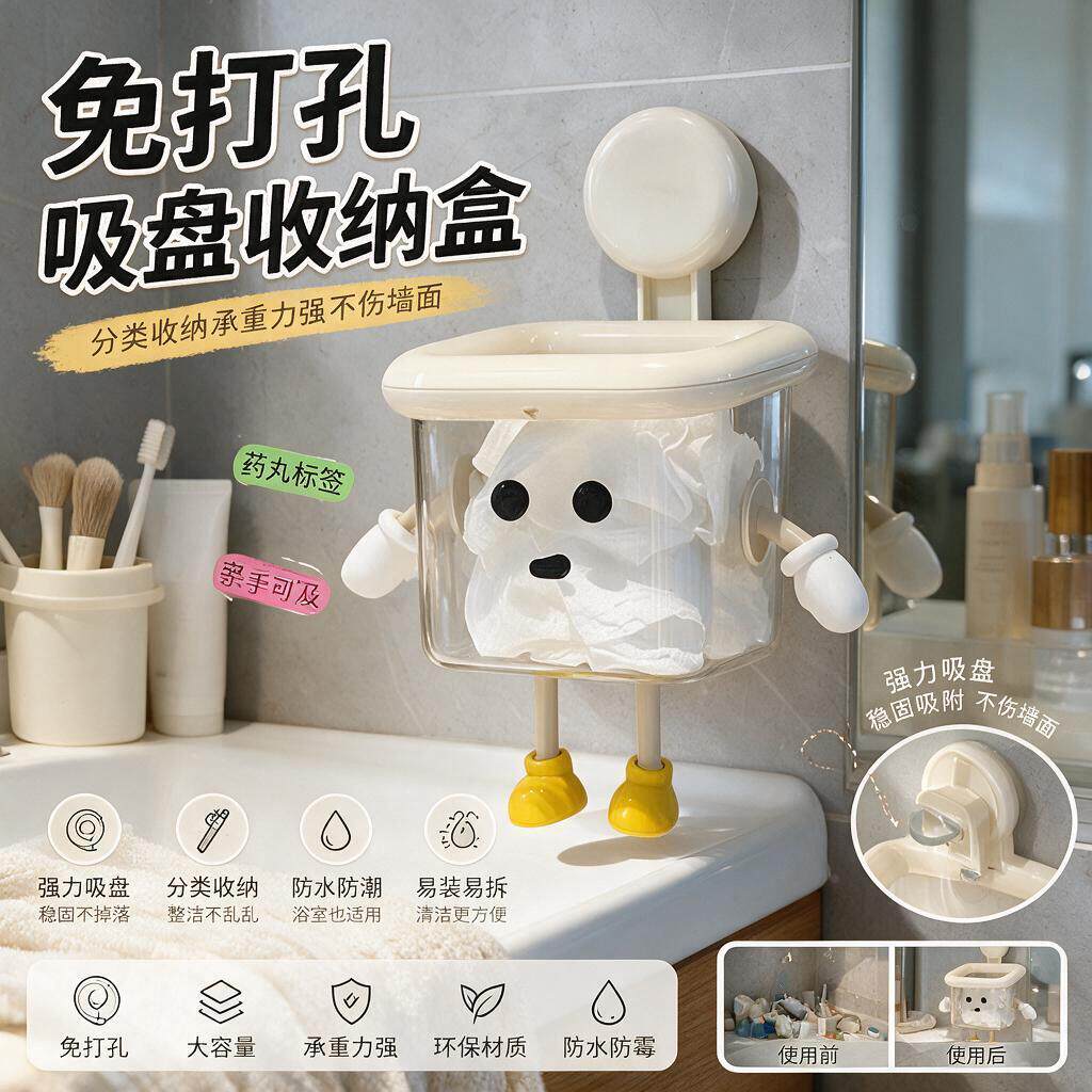 卫生间壁挂收纳盒吸盘洗脸巾洗手台多功能架洁面巾免打孔浴室