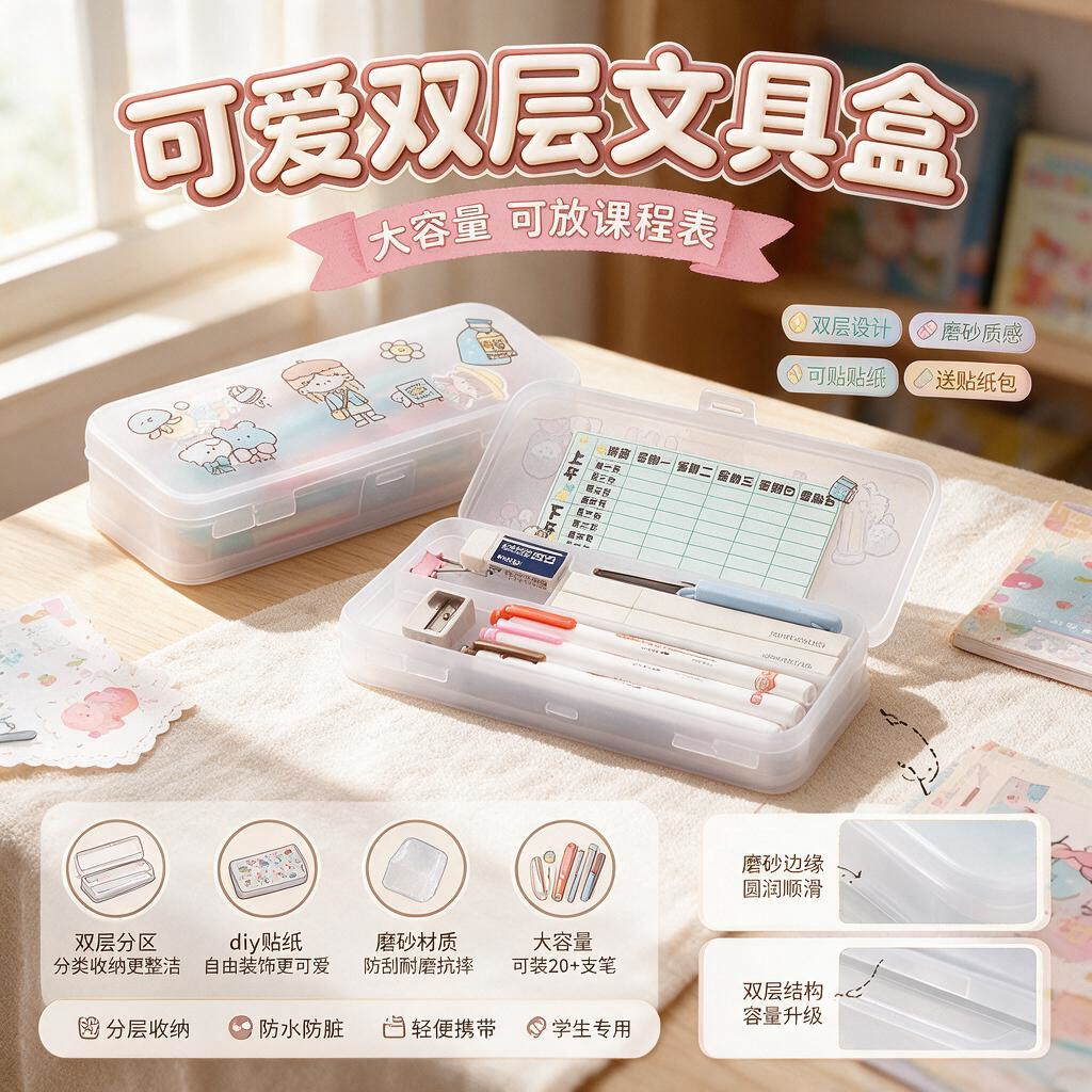 双层PP简约 INS博主风透明磨砂铅笔盒文具盒多功能笔盒学生大容量