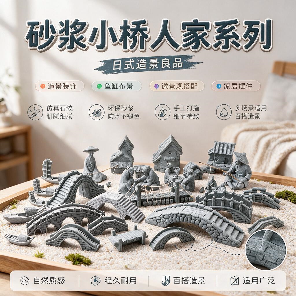 仿真小石桥小船摆件假山流水盆景园艺花卉景观造景迷你桥装饰摆设