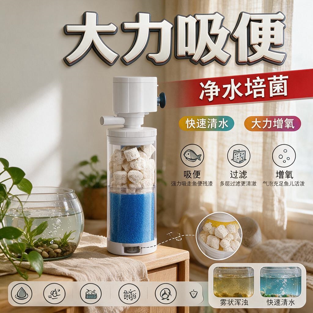德国超静音鱼缸过滤器净水循环三合一增氧泵内置底吸小型制打氧机