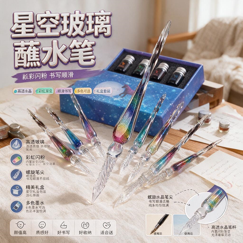星空玻璃笔蘸水笔礼盒古风彩墨水晶笔签字笔学生创意网红礼物送同学渐变色手工沾水琉璃笔钢笔墨水高颜值套装