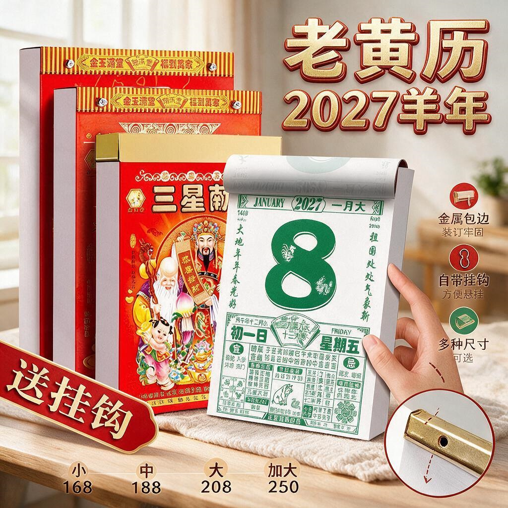日历老黄历2027年新款挂历家用挂墙大号传统老式手撕万年历挂式6农历羊年年历每天一页老皇历一日香港