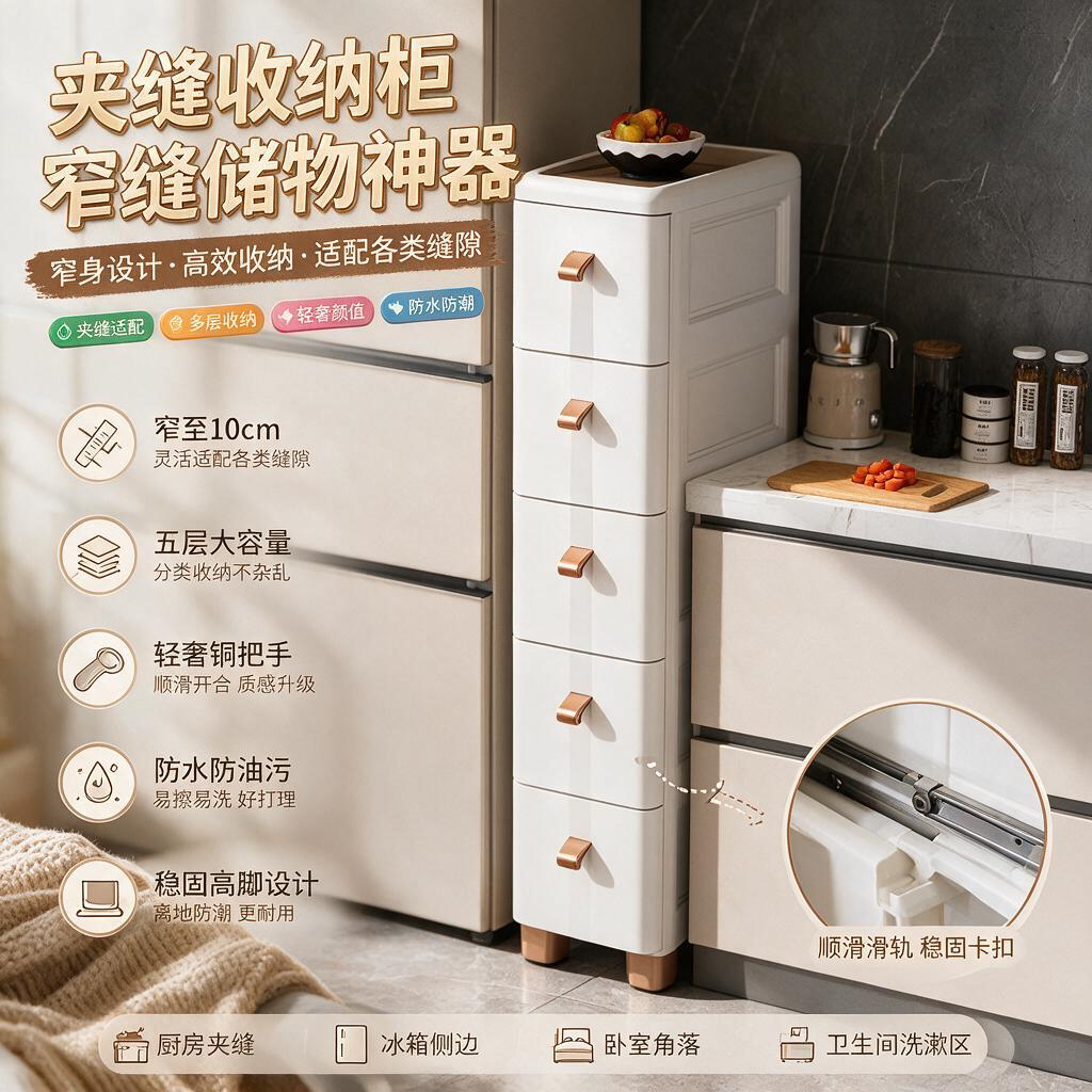 夹缝收纳窄柜18/25cm柜抽屉式卫生间储物柜子塑料窄隙厨房多层置
