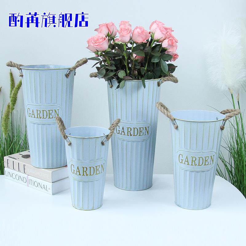 复古做旧花桶花店鲜花桶铁艺家用醒花桶深水养花插花铁皮花桶批发