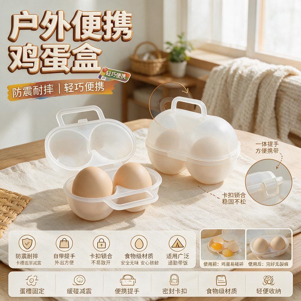 户外2格鸡蛋盒野营野餐便携pp安全塑料防震冰箱装6格蛋托包装盒