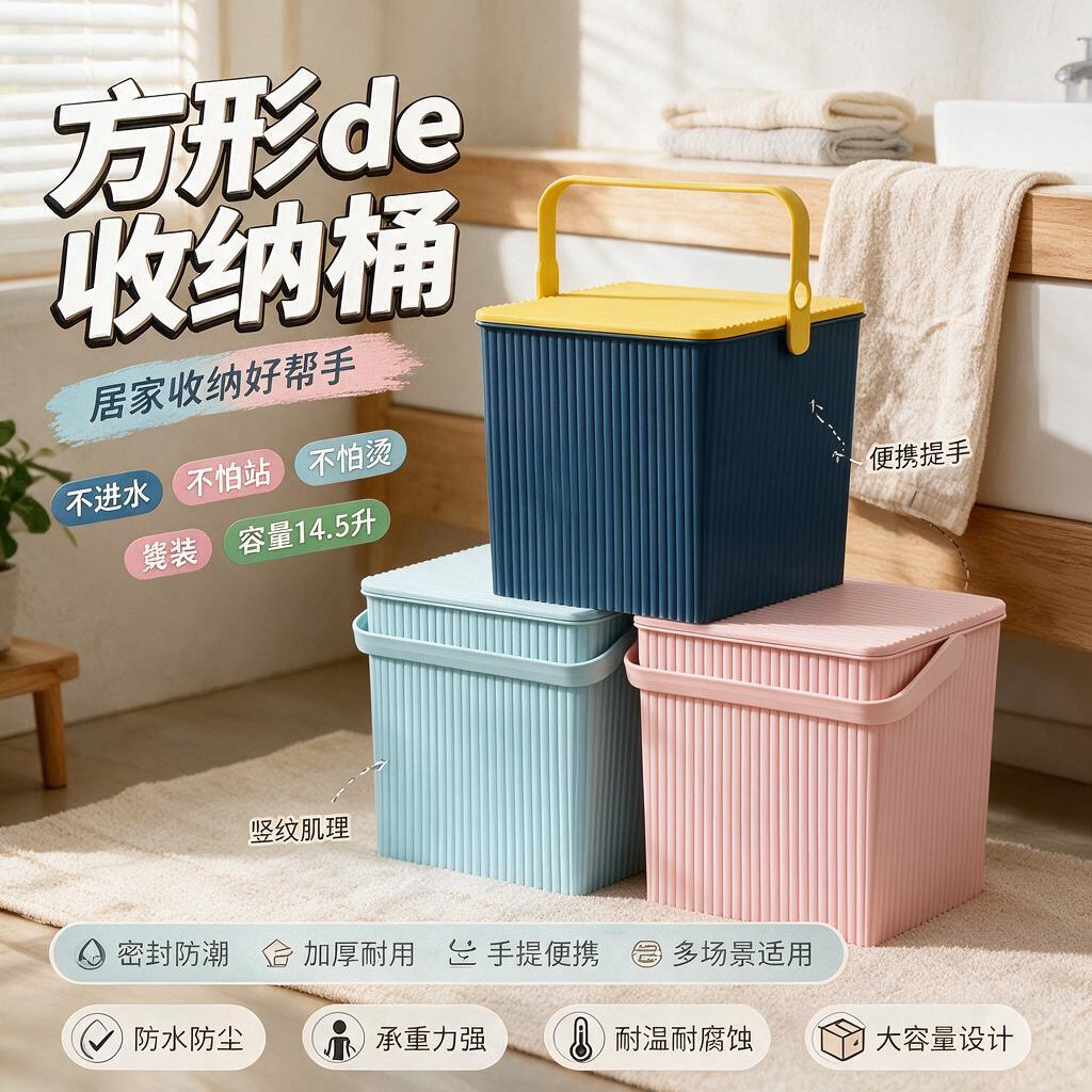 方形桶塑料桶玩具收纳桶水桶凳可坐洗浴篮手提洗澡储物桶带盖储物
