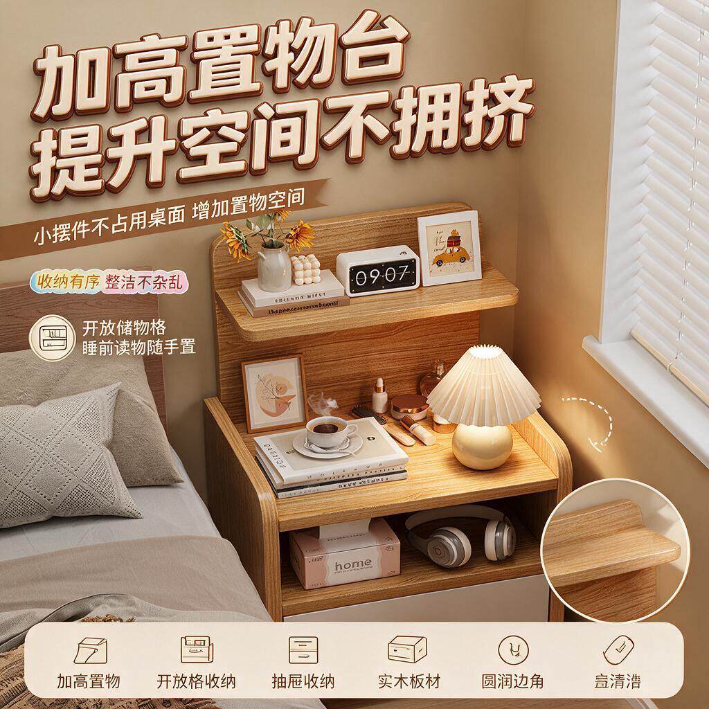 床边置物床头柜简约现代卧室家用小柜子轻奢高级感出租房用小型简