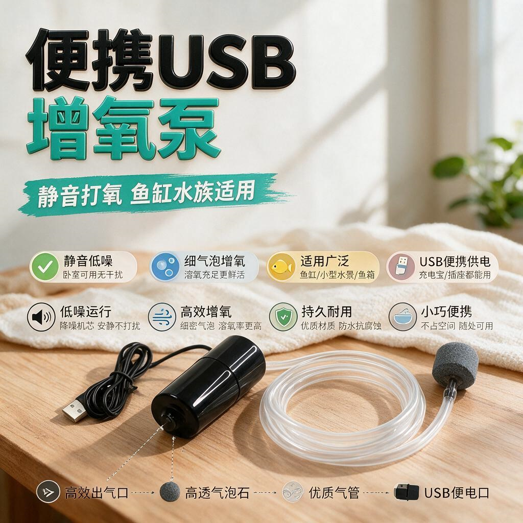 氧气泵鱼缸超静音增氧机便携式USB可插充电宝两用增氧泵户外钓鱼