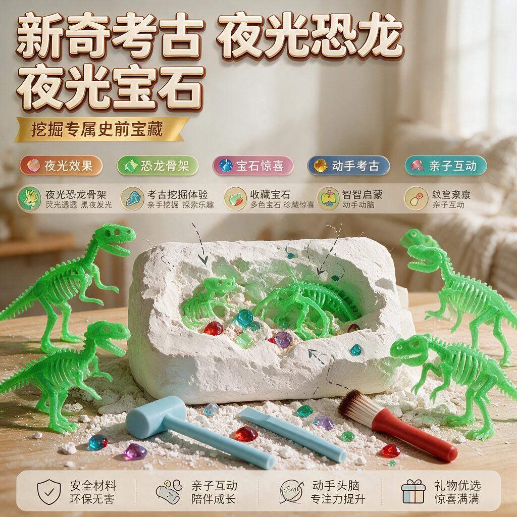 diy敲挖宝石夜光恐龙化石霸王龙骨架模型考古挖掘玩具男孩礼物