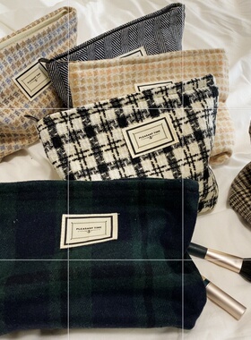 11096 毛呢格纹撞色大容量化妆包女时尚手拿包帆布整理收纳袋